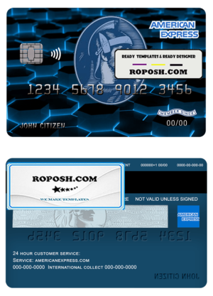 USA New York American Express Blue bank card fully editable template in PSD format