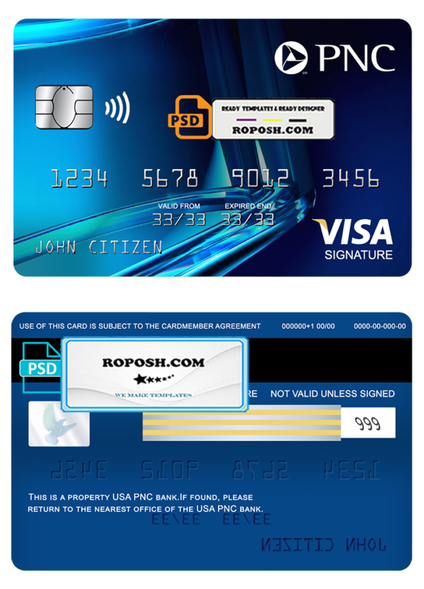 USA PNC bank visa signature card fully editable template in PSD format