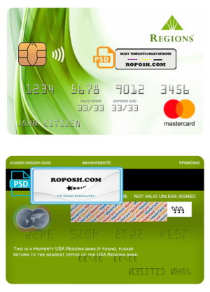 USA Regions bank mastercard fully editable template in PSD format