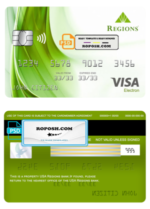 USA Regions bank visa electron card fully editable template in PSD format