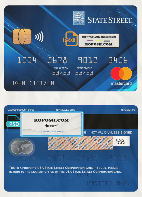 USA State Street Corporation bank mastercard fully editable template in PSD format