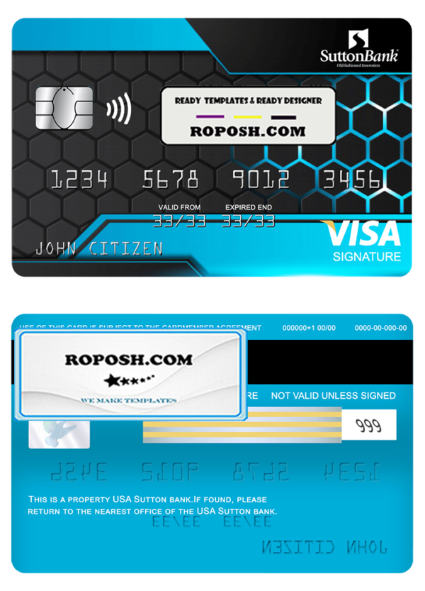 USA Sutton bank visa signature card fully editable template in PSD format