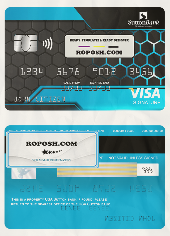 USA Sutton bank visa signature card fully editable template in PSD format scan effect