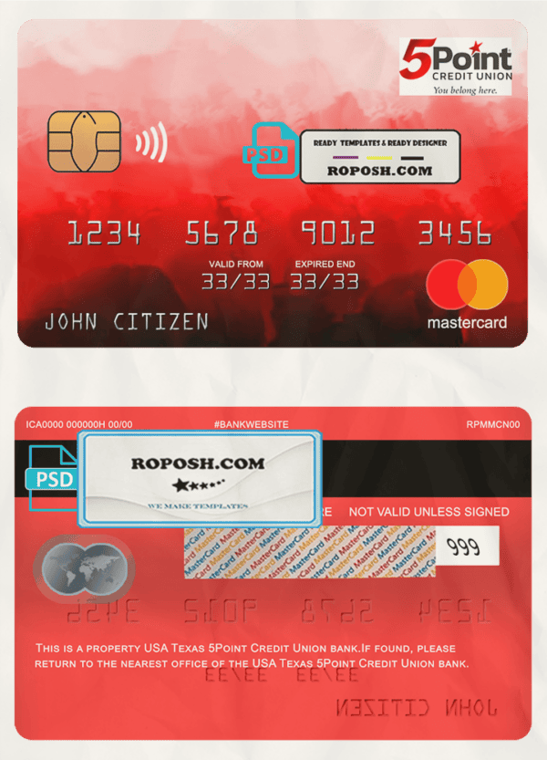 USA Texas 5Point Credit Union bank mastercard, fully editable template in PSD format