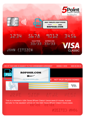 USA Texas 5Point Credit Union bank visa classic card, fully editable template in PSD format