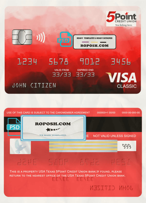 USA Texas 5Point Credit Union bank visa classic card, fully editable template in PSD format