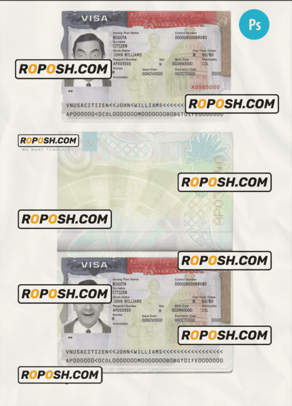 USA Tourist Visa template in PSD format, fully editable