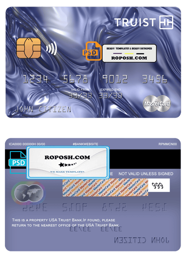 USA Truist Bank mastercard, fully editable template in PSD format