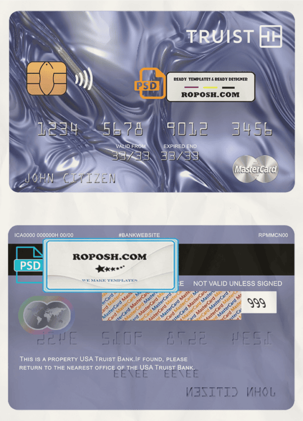 USA Truist Bank mastercard, fully editable template in PSD format