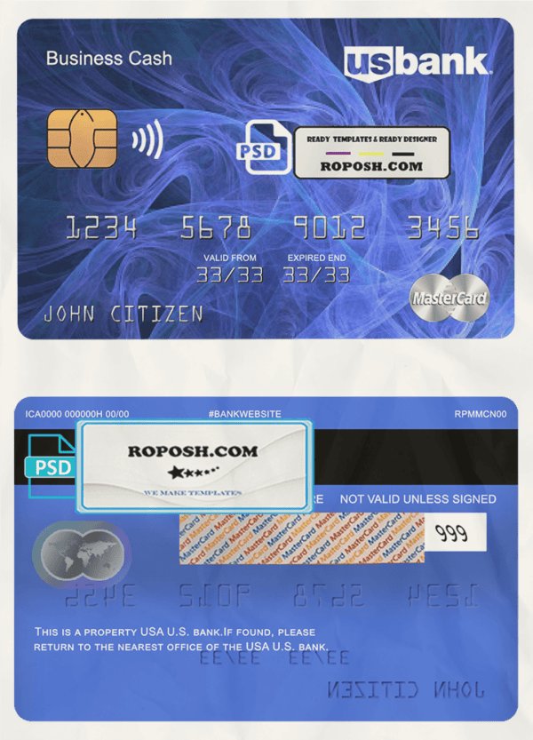 USA U.S. bank mastercard, fully editable template in PSD format