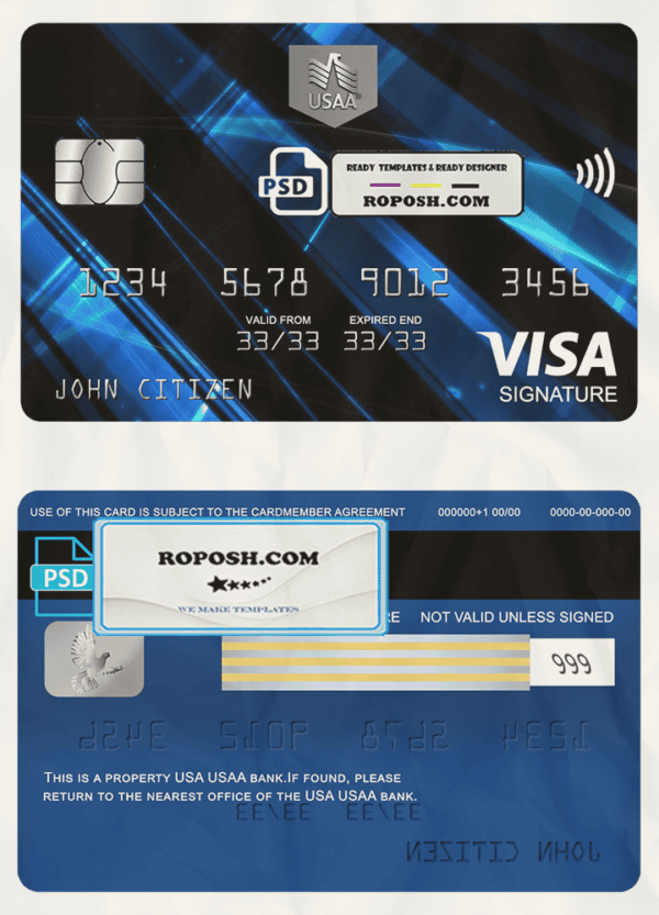 USA USAA bank visa signature card, fully editable template in PSD format