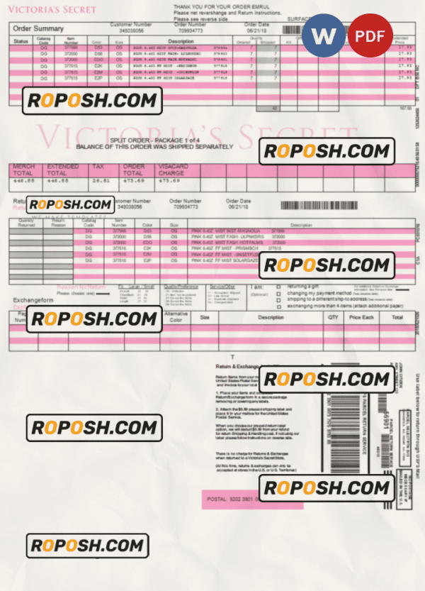 USA Victoria’s Secret invoice template Word and PDF template, fully editable