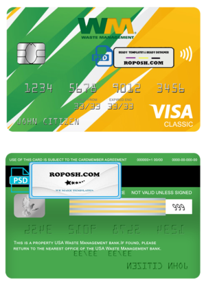USA Waste Management bank visa classic card, fully editable template in PSD format