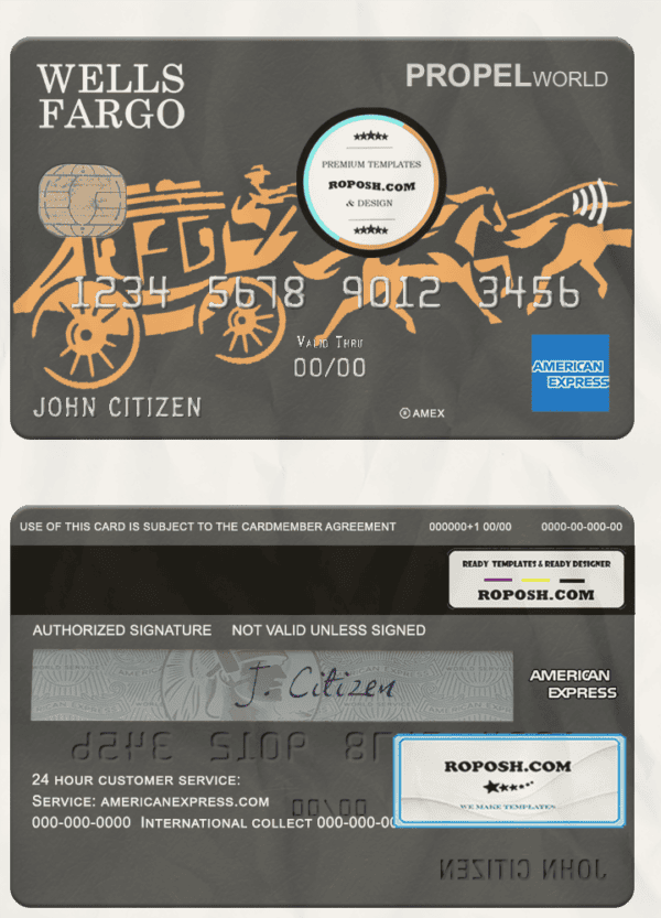 USA Wells Fargo bank AMEX card template in PSD format, fully editable