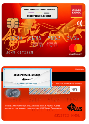 USA Wells Fargo bank mastercard, fully editable template in PSD format
