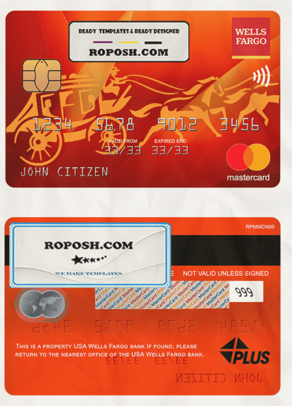 USA Wells Fargo bank mastercard, fully editable template in PSD format