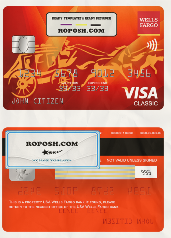 USA Wells Fargo bank visa classic card, fully editable template in PSD format scan effect