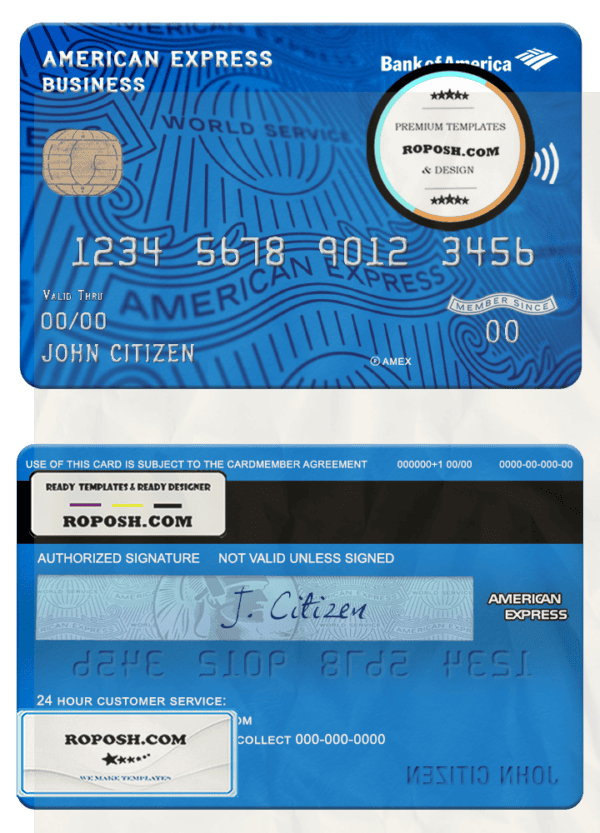 USA Bank of America AMEX business card template in PSD format, fully editable