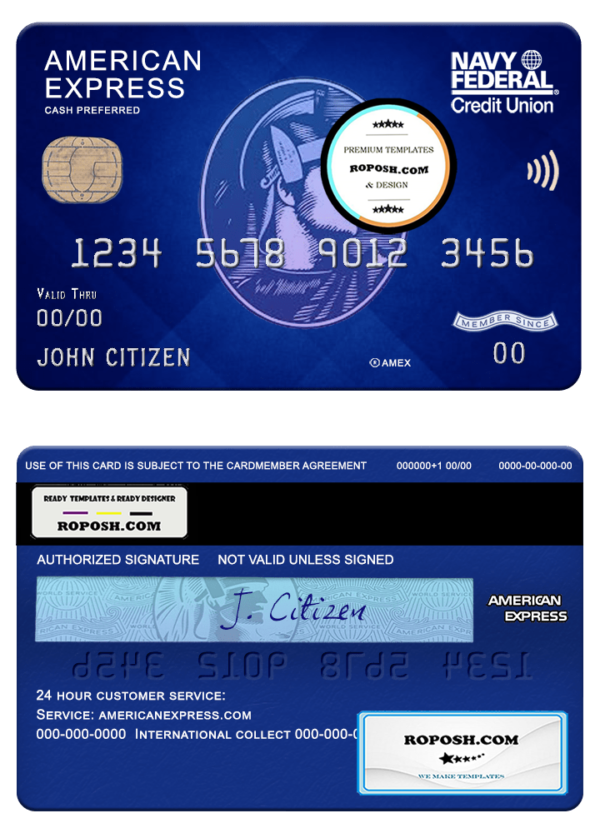 USA Navy Federal Union bank AMEX blue cash preferred card template in PSD format, fully editable