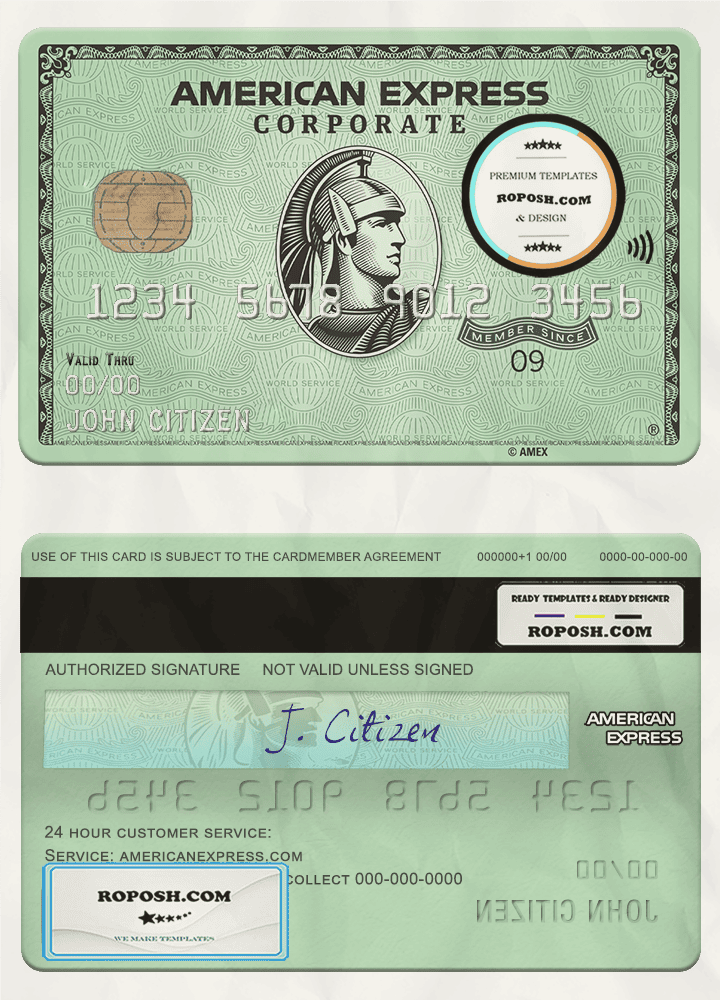 USA State Street Corporation bank AMEX green corporate card template in PSD format, fully editable