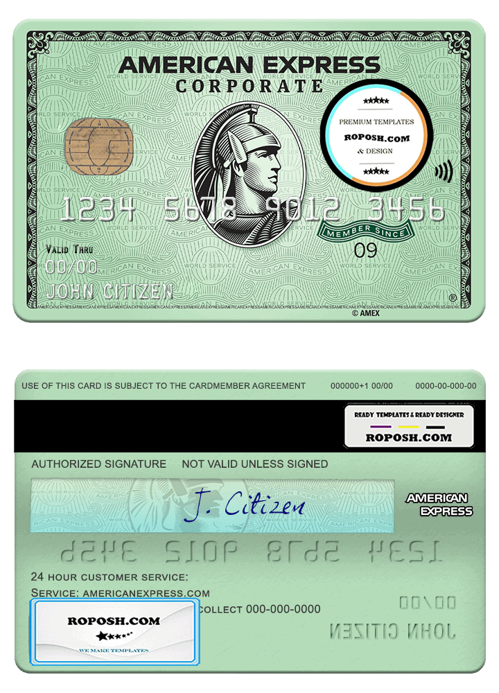 USA State Street Corporation bank AMEX green corporate card template in PSD format, fully editable