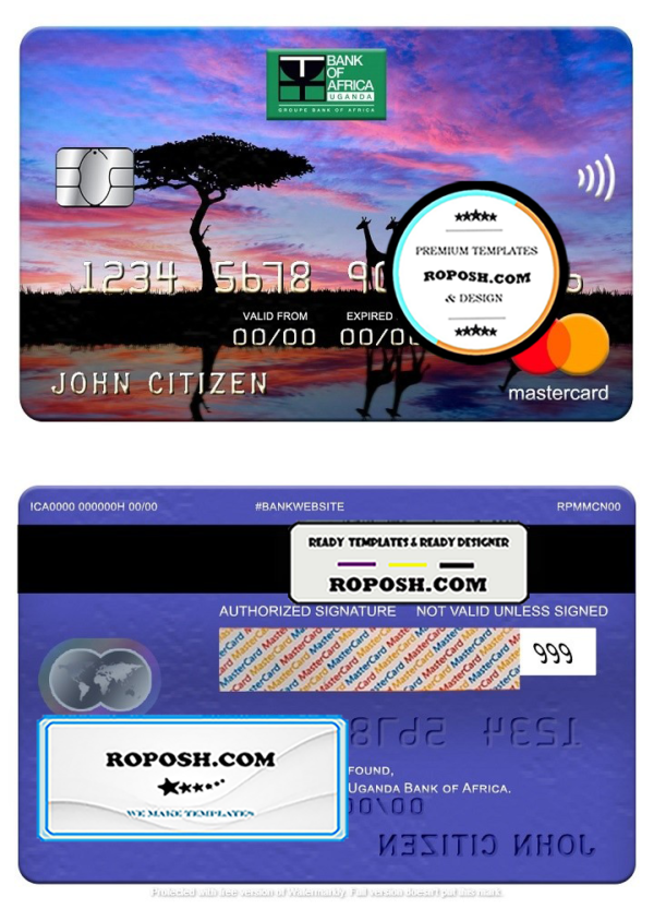 Uganda Bank of Africa mastercard, fully editable template in PSD format