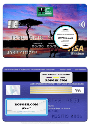 Uganda Bank of Africa visa electron card, fully editable template in PSD format
