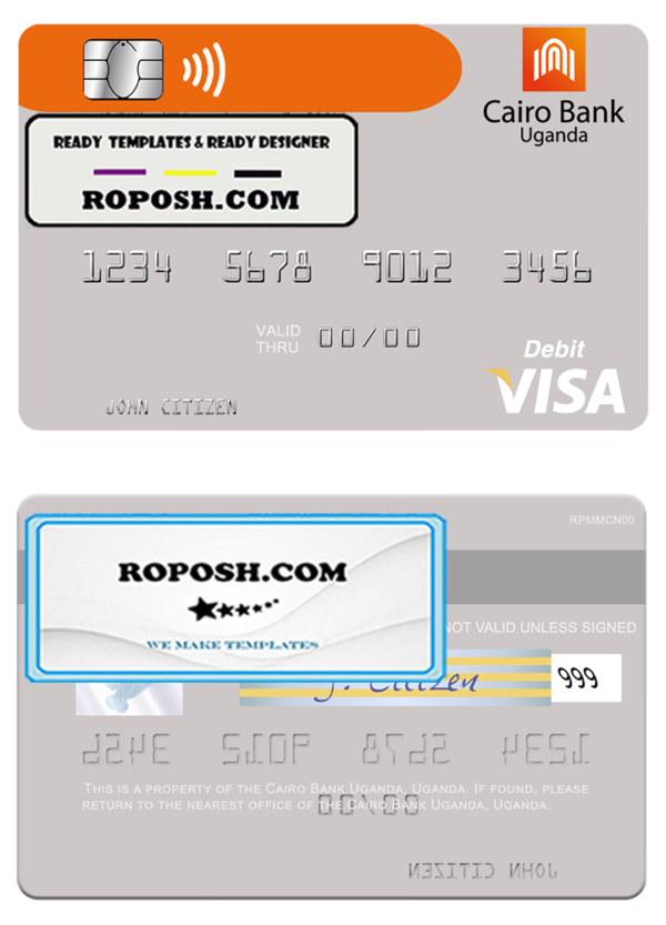 Uganda Cairo Bank Uganda visa debit card template in PSD format
