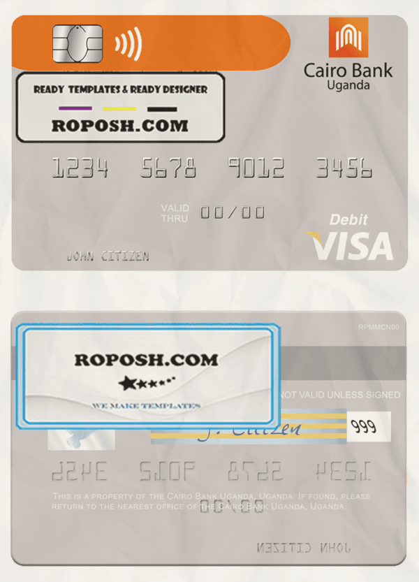 Uganda Cairo Bank Uganda visa debit card template in PSD format