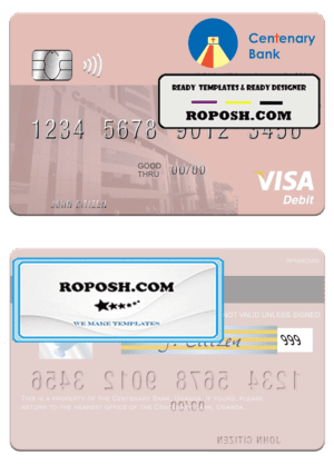 Uganda Centenary Bank visa debit card template in PSD format