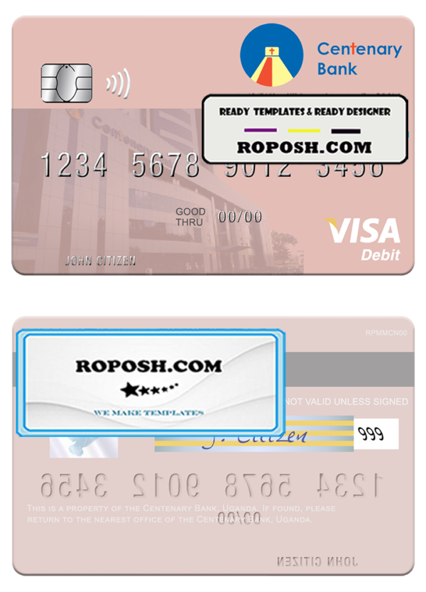 Uganda Centenary Bank visa debit card template in PSD format