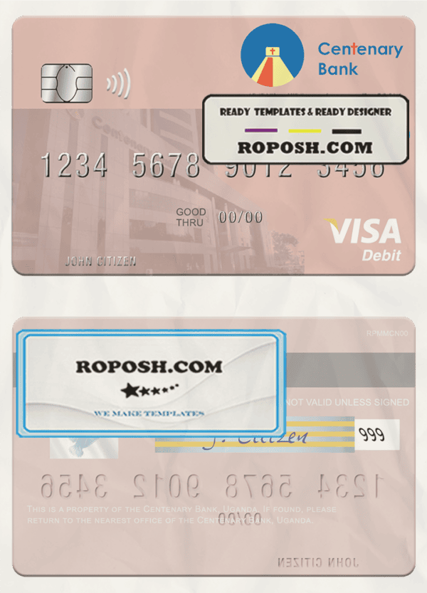 Uganda Centenary Bank visa debit card template in PSD format