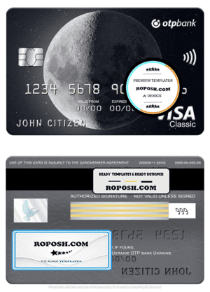 Ukraine OTP bank visa classic card, fully editable template in PSD format