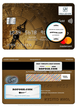 Ukraine Oshadbank mastercard gold, fully editable template in PSD format
