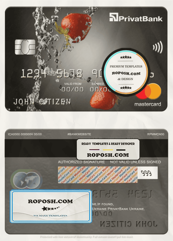 Ukraine PrivatBank mastercard, fully editable template in PSD format