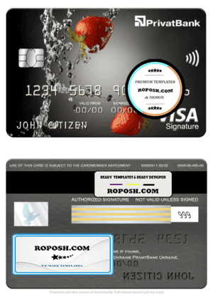 Ukraine PrivatBank visa signature card, fully editable template in PSD format