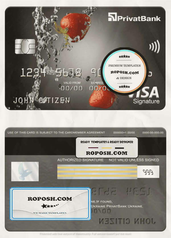 Ukraine PrivatBank visa signature card, fully editable template in PSD format