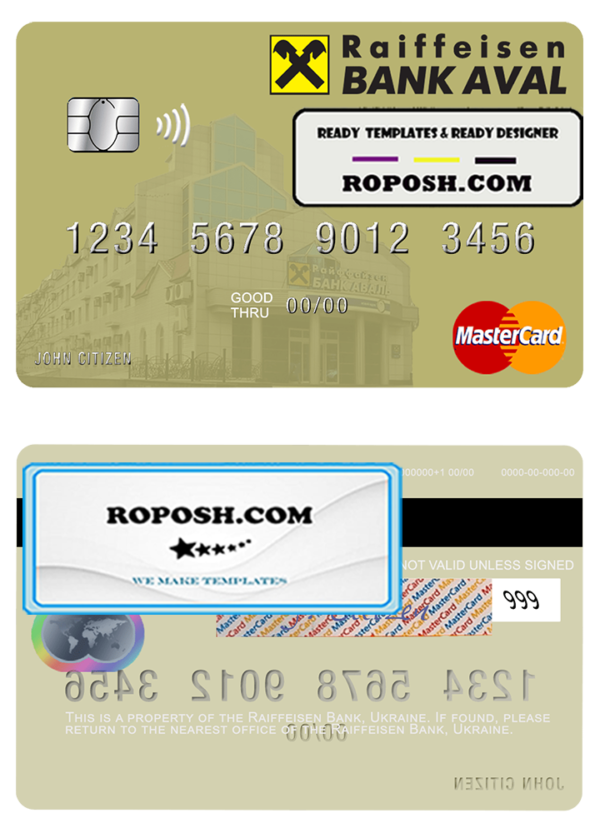 Ukraine Raiffeisen Bank mastercard template in PSD format