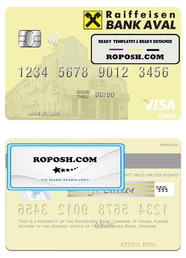 Ukraine Raiffeisen Bank visa debit card template in PSD format