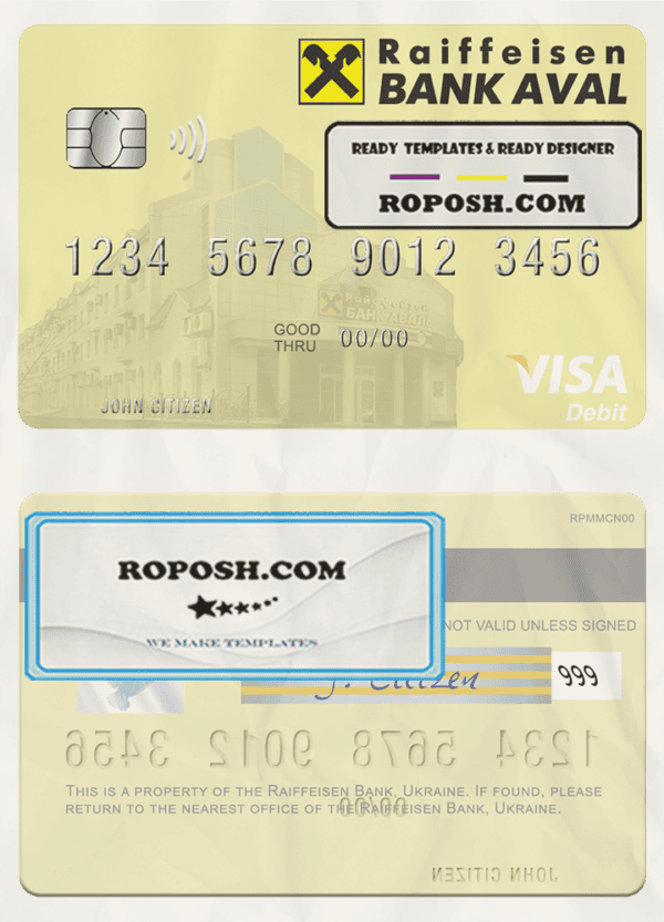 Ukraine Raiffeisen Bank visa debit card template in PSD format