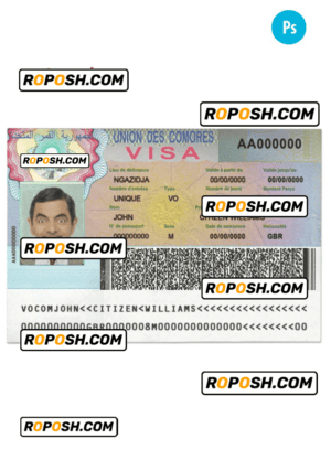 Union des Comores travelling visa template in PSD format, fully editable
