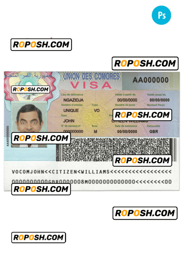 Union des Comores travelling visa template in PSD format, fully editable