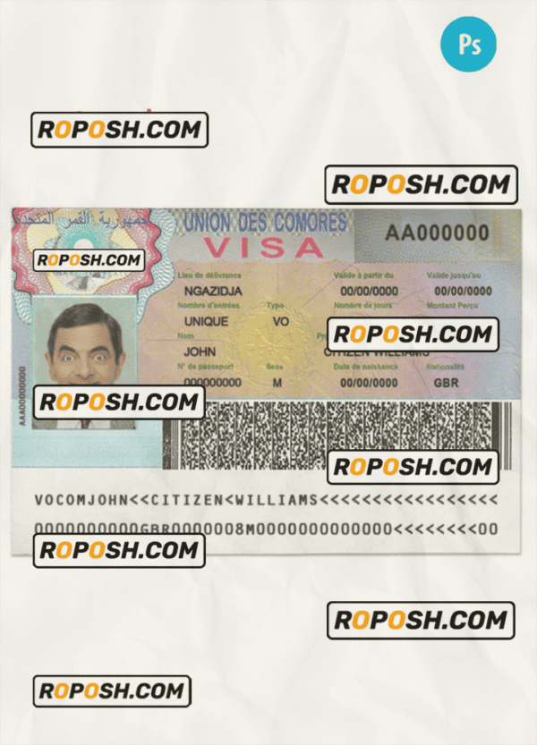 Union des Comores travelling visa template in PSD format, fully editable