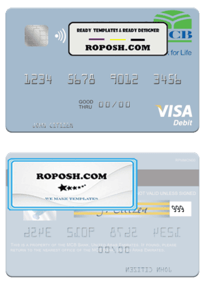 United Arab Emirates MCB Bank visa debit card template in PSD format