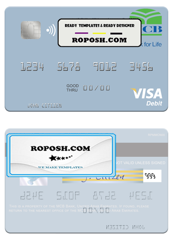 United Arab Emirates MCB Bank visa debit card template in PSD format