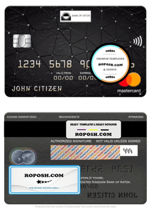 United Kingdom Bank of Aston bank mastercard, fully editable template in PSD format