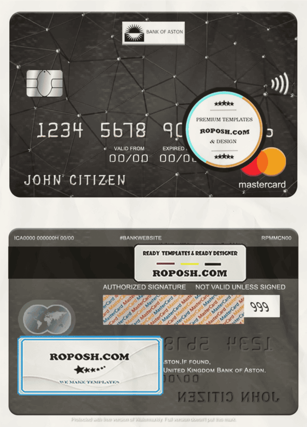 United Kingdom Bank of Aston bank mastercard, fully editable template in PSD format