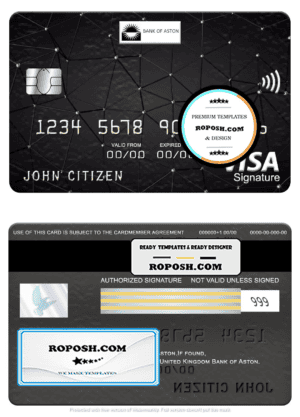 United Kingdom Bank of Aston bank visa signature card, fully editable template in PSD format