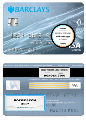 United Kingdom Barclays bank visa classic card, fully editable template in PSD format