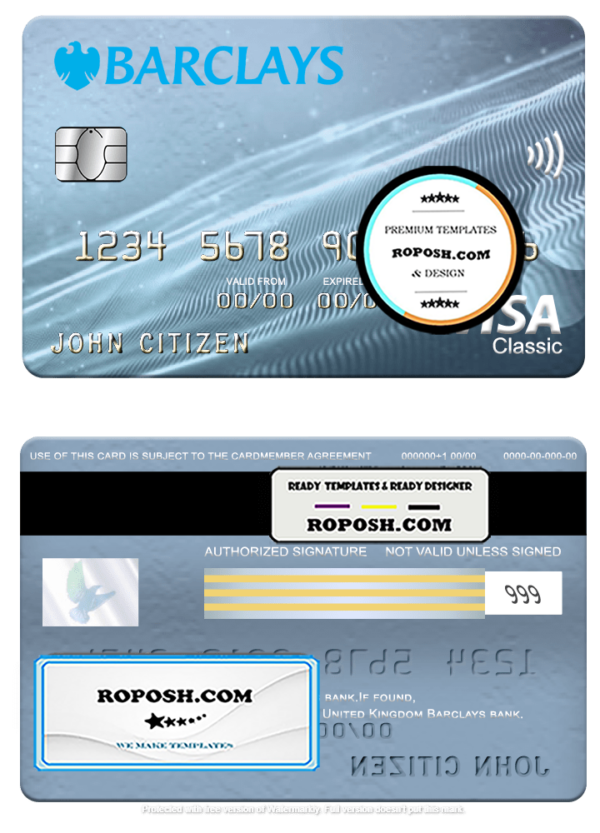 United Kingdom Barclays bank visa classic card, fully editable template in PSD format